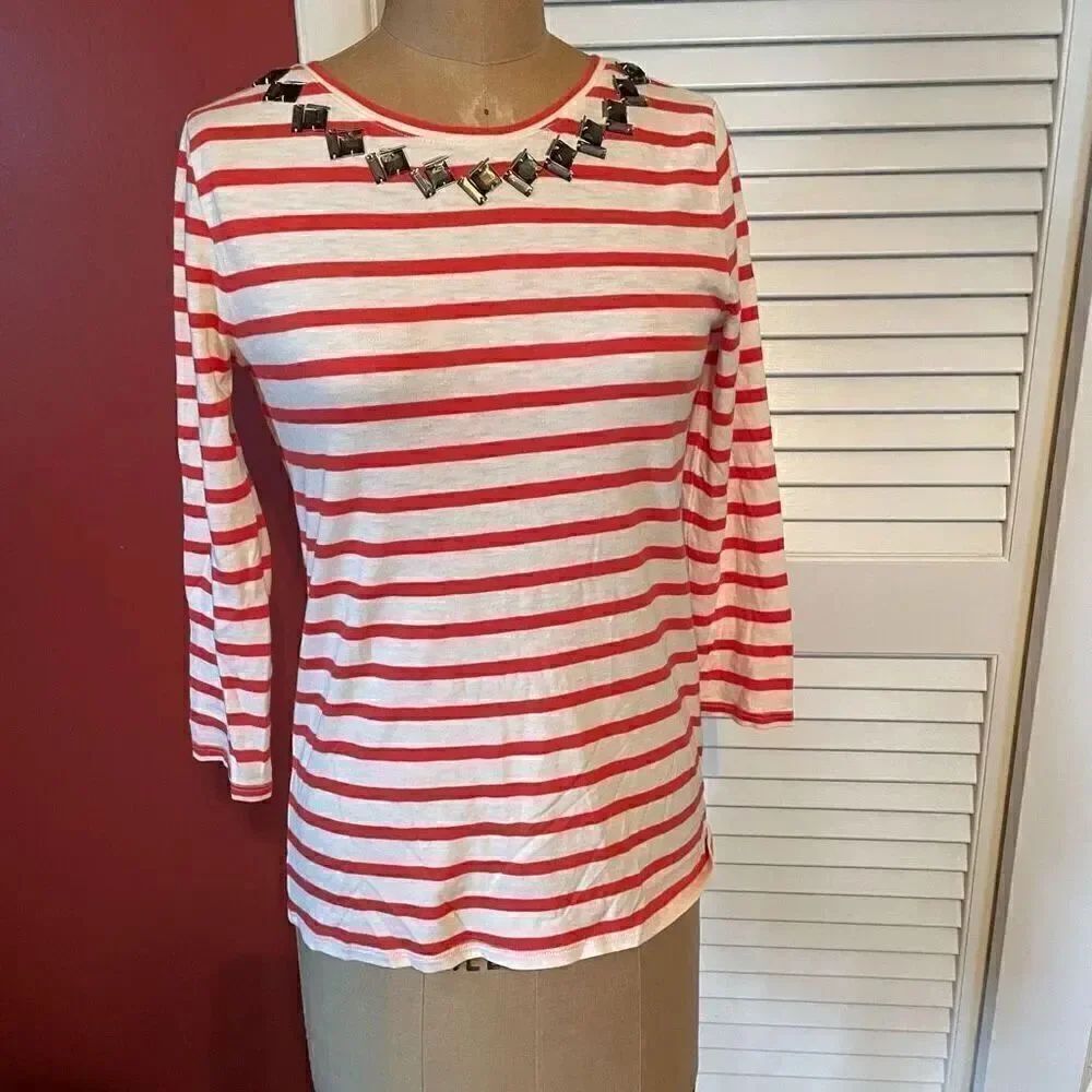 J CREW | orange and white stripe w beaded collar top XS